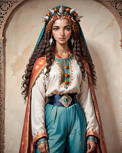 thin Moorish Persephone, the Woman is Beautiful and Masculine, wearing Sweatpants from the 1600's, <lora:Tawenza-v1:0.8> beautiful, traditional, headdress