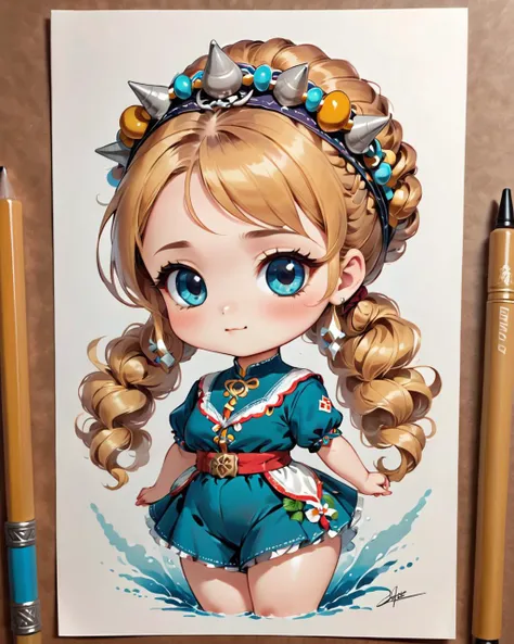 Chibi busty Sardinian (Amphitrite:1.1) , ð, wearing [Crown:Vintage clothing:3], The Bermudas is inspired by nature, S-shape pose, Honey hair styled as French twist bun, <lora:Tawenza-v1:0.8> beautiful, traditional, headdress