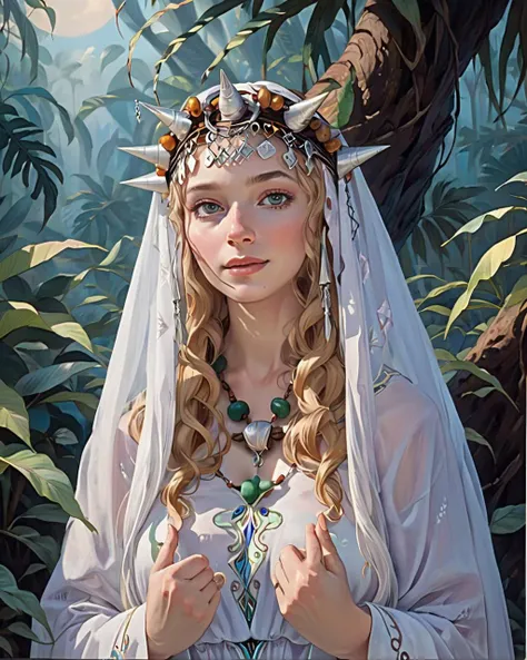 upper body shot of a Eclectic Bahamian Galadriel, Galadriel is Playing, magical realism art, [designed by Eyvind Earle: Gary Bunt:5], <lora:MoroccanLibertyCrown:1> isni, headdress
