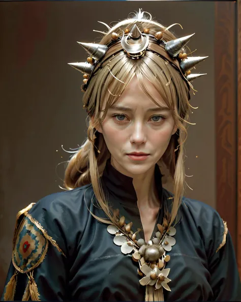 traditional wabi-sabi Claire Underwood, Claire Underwood is 2000'S, her hair is Gold, beautiful traditional headdress <lora:Tawenza-SD.safetensors:1>