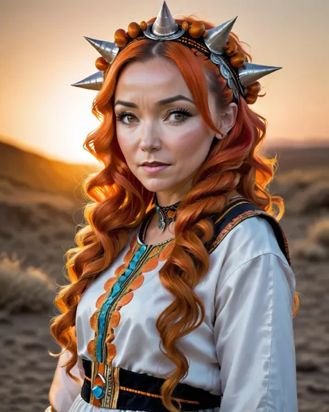 Danielle Harris, Young, Orange hairstyle, Gold Tooth, at Sunset, Grim, Golden ratio, <lora:Tawenza-v1:0.8> beautiful, traditional, headdress