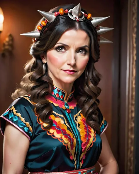 awardwinning photograph, bokeh, Side lighting, F/1.8, Slow Shutter Speed, (Selina Meyer:1.1) , wearing Chronomancer dress, Technicolor, <lora:Moroccan_Headdress_Ait_Baamrane:0.8> beautiful, traditional, headdress