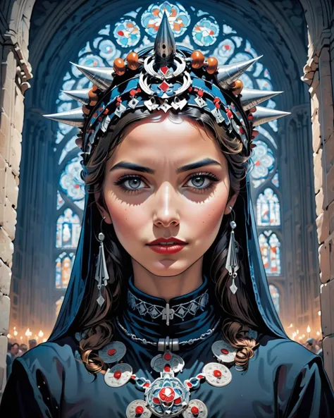 stylized by Apollonia Saintclair, concept art, ground level shot of a Notre-Dame Cathedral full of Futuristic Sekreteris, Low Contrast, <lora:Moroccan_Headdress_Ait_Baamrane:0.8> traditional, headdress