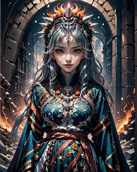 (masterpiece, top quality, best quality, official art, beautiful and aesthetic:1.2), (1girl:1.2), cute, extreme detailed,(abstract:1.4, fractal art:1.3),(silver_hair:1.1), fate \(series\), colorful,highest detailed, fire, ice, lightning, (splash_art:1.2), jewelry:1.4, hanfu, scenery, ink, <lora:Tawenza-SD.safetensors:1> beautiful, traditional, headdress