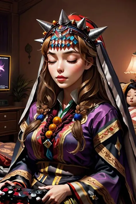 Sleeping Beauty, very Giant and Unattractive, Playing video games, <lora:Tawenza-SD.safetensors:1> beautiful, traditional, headdress