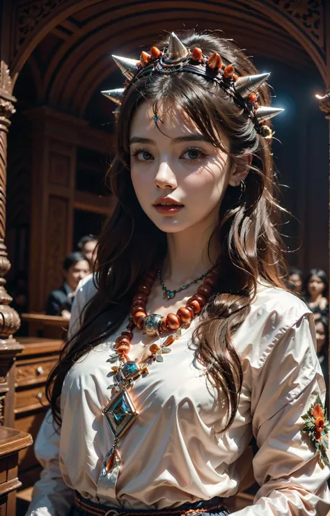 1girl,(upper_body:1.2),long leg,an extremely best quality,masterpiece,center,long hair,photo. (best quality),((masterpiece)),extremely detailed 8K wallpaper,(an extremely delicate and beautiful),jewelry,necklace,elegant posture, <lora:Tawenza-SD.safetensors:1> beautiful, traditional, headdress