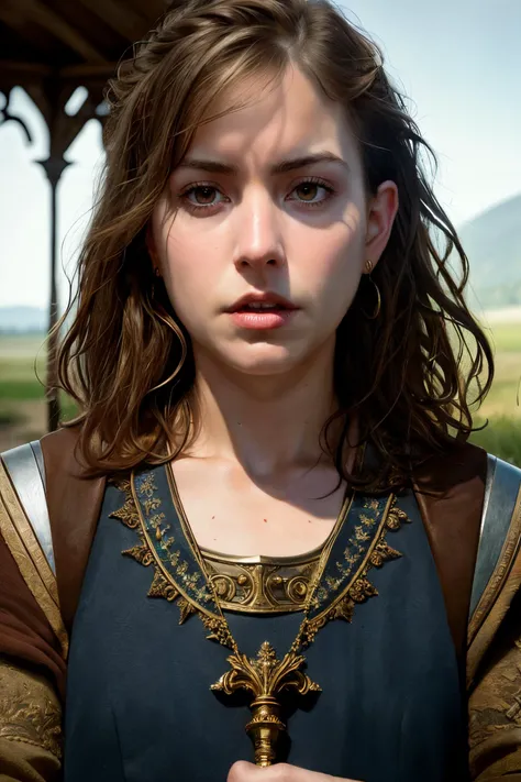 portrait of a hannaH2, 3dmm style,(masterpiece), (extremely intricate:1.3), (realistic), the most beautiful artwork in the world, (medieval armor), metal reflections, upper body, outdoors, intense sunlight, far away castle, BY Ed Blinkey and Atey Ghailan and Jeremy Mann and Greg Rutkowski, detailed, sharp focus, dramatic, award winning, matte drawing, cinematic lighting, octane render, unreal engine, volumetrics dtx