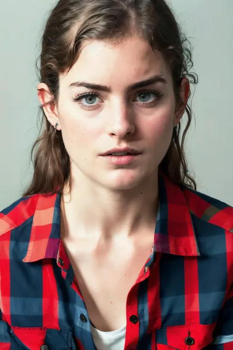 (Masterpiece Photo:) of (Happy) hannaH2 wearing checkered red and black shirt and blue jeans staring at the viewer, (checkered red and black shirt), (blue jeans),Highly Detailed,(close portrait:1.3),(Feminine:1.4),(beautiful:1.4),(attractive:1.3),calendar pose,perfectly detailed eyes,studio lighting,thematic background