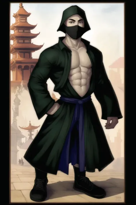 [[dark detailed intricate water, color oil painting of a :02]full body shot, man human with a mask looking at you : dark detailed intricate water color, oil painting of a human male in front of a (pagoda), ninja, ninja outfit, traditional clothing, baggy pants, black clothing,  [pale skin, :10] mask, war setting, art by [Alphonse Mucha|Hans Burgkmair] : 06]