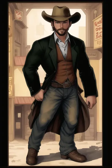 [[dark detailed intricate water, color oil painting of a :02]full body shot, man human with a mask looking at you : dark detailed intricate water color, oil painting of a human male in front of a western saloon, cowboy, cowboy hat, cowboy pants, war setting, art by [Alphonse Mucha|Hans Burgkmair] : 06]