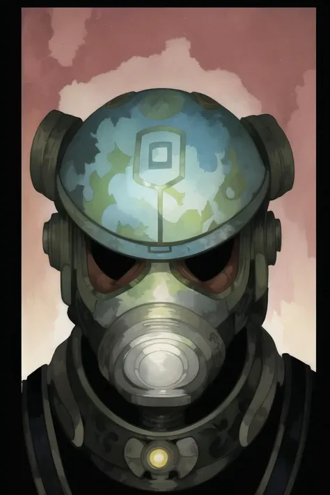 [face shot of a man human with a white mask looking at you[, art by Alphonse Mucha::02] : abstract detailed intricate water color, oil painting of a robot, solider, mask, gas mask, war setting, art by Hans Bol : 07]