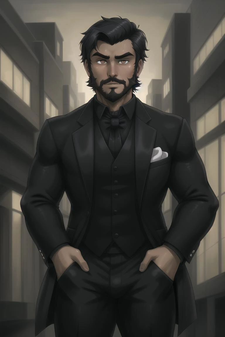 1boy, black hair, black pants, facial hair, formal, gloves, hand in pocket, hands in pockets, male focus, standing
