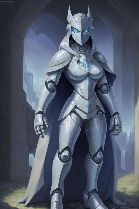 armor, blue eyes, cape, gauntlets, helmet, looking at viewer, robot, solo, standing,