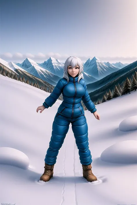 Detailed Refined Intricate Gradients, climbing a winter mountain, snow, frost, cold, hands on rocks, 1girl, mountain path, wide shot, background, mountains,