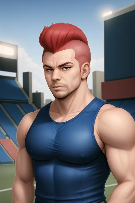 mohawk, man, blue tanktop, football field,