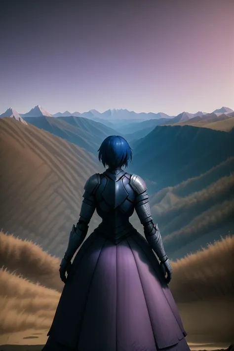 Detailed Refined Intricate Gradients, 1girl, knight, facing away, mountain path, wide shot, background, mountains,