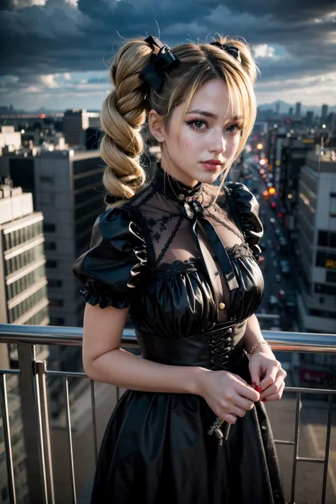 (realistic:1.3), finely detailed, quality, rembrandt lighting, (masterpiece:1.2), (photorealistic:1.2), (best quality), (detailed skin:1.3), (intricate details), dramatic, ray tracing, 1girl, 21 years old, smiling, ranko, (drill hair, twin drills hair:1.5), blonde hair, long hair, detailed skin texture, (blush:0.5), (goosebumps:0.5), subsurface scattering, medium breasts, black dress, dress, gothic dress, gothic, gothic fashion, neck garter, halterneck, sleeveless, shoulders, frills, ribbons, cross-laced, (tokyo, cityscape, bright sunny day, clouds),  <lora:rankokanzakitest-clean:1>