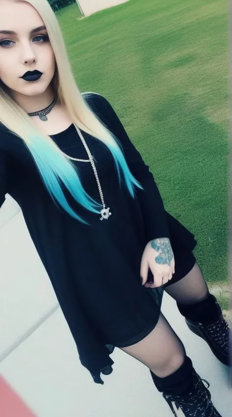 goth girl, instagram full body selfie,fullbody, full body, feet to head,filter, bad quality, film grain, instagram filter, the most beautiful, woman, 18 years old,blonde long hair,black lips, blue shiny eyes, goth girl, tattoed, piercings,