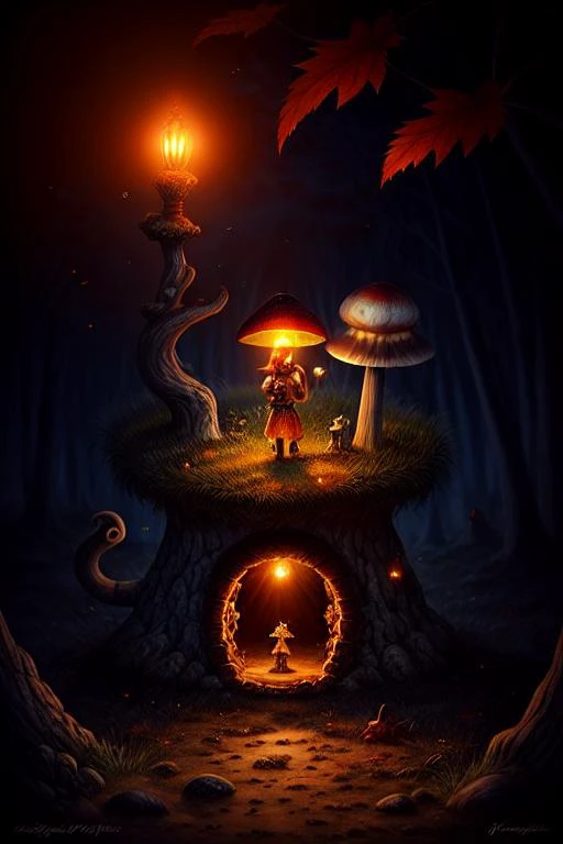 amazing Fantasy painting of a of a fairy in a [mushroom:forest:30], cat, Autumn colors, Dawn lighting, Color temperature lighting,  <lora:Fantasy_4:0.9>