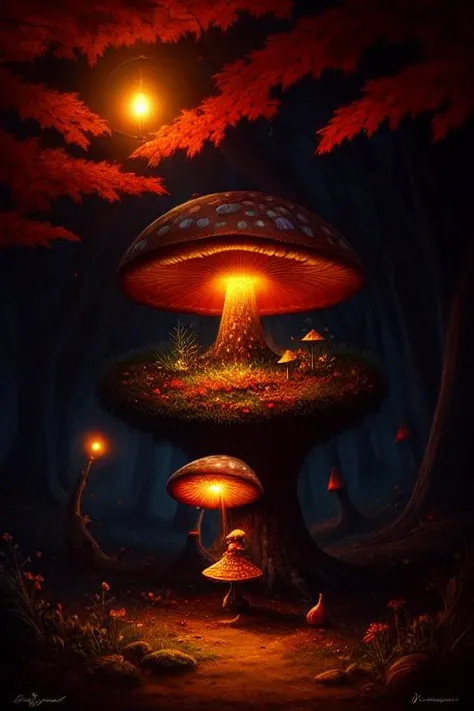 amazing Fantasy painting of a of a fairy in a [mushroom:forest:30], cat, Autumn colors, Dawn lighting, Color temperature lighting,  <lora:Fantasy_4:0.5>