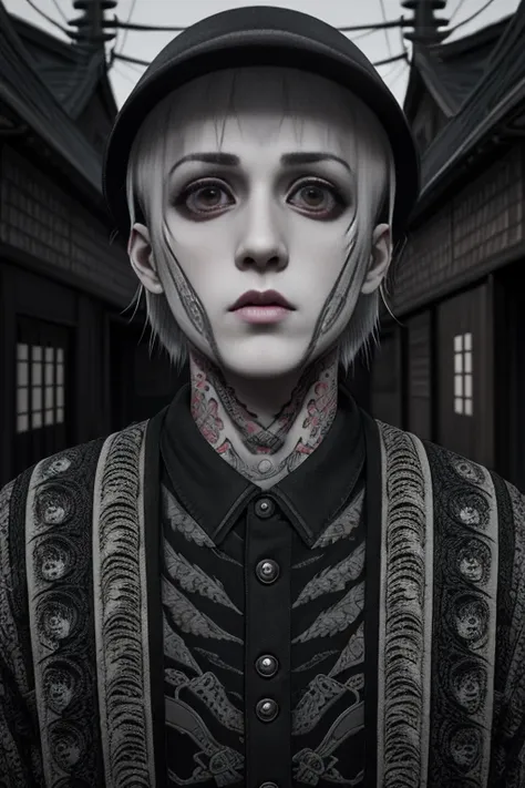 A portrait of Lil Peep in the style of (Junji Ito:1.1) in the village of (Amegakure:1.1) horror, red filaments sprawl the floor, 8k, HDR, Unreal Engine 5, Octane Render, photorealistic, cinematic lighting, NVIDIA RTX ON, extremely detailed, intricate, 8k, 4k, (highres:1.1), best quality;