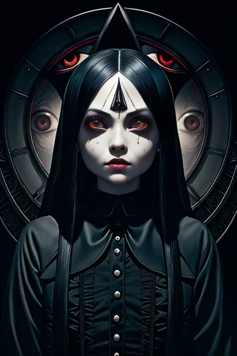 the all seeing eye by H.R. Giger, Junji Ito, Greg Rutkowski, WLOP
detailed paint of wednesday addams, highly detailed paiting by Ray Donley, 8k, royal paiting, dynamic lighting, colorfull lighting,, 8k, 4k, (highres:1.1), best quality;