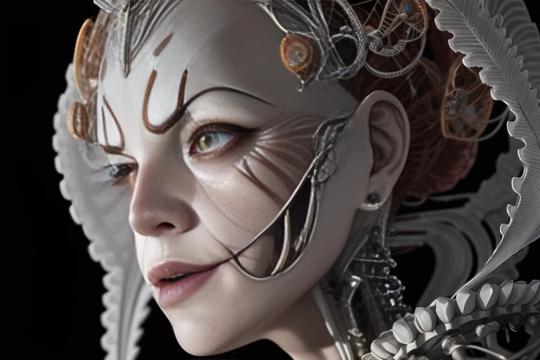 Pennywise the clown as a complex , fascinating biomechanical cyborg with a delicate fragile porcelain profile face, analog, 150 mm lens, beautiful natural soft rim light, big leaves and stems, roots, fine foliage lace, silver dechroic details, massai warrior, Alexander Mcqueen high fashion haute couture, pearl earring, art nouveau fashion embroidered, steampunk, intricate details, mesh wire, mandelbrot fractal, anatomical, facial muscles, cable wires, microchip, elegant, hyper realistic, ultra detailed, octane render, H.R. Giger style, volumetric lighting, 8k post-production, 8k, 4k, (highres:1.1), best quality;