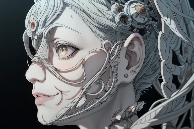 Pennywise the clown as a complex , fascinating biomechanical cyborg with a delicate fragile porcelain profile face, analog, 150 mm lens, beautiful natural soft rim light, big leaves and stems, roots, fine foliage lace, silver dechroic details, massai warrior, Alexander Mcqueen high fashion haute couture, pearl earring, art nouveau fashion embroidered, steampunk, intricate details, mesh wire, mandelbrot fractal, anatomical, facial muscles, cable wires, microchip, elegant, hyper realistic, ultra detailed, octane render, H.R. Giger style, volumetric lighting, 8k post-production, 8k, 4k, (highres:1.1), best quality;