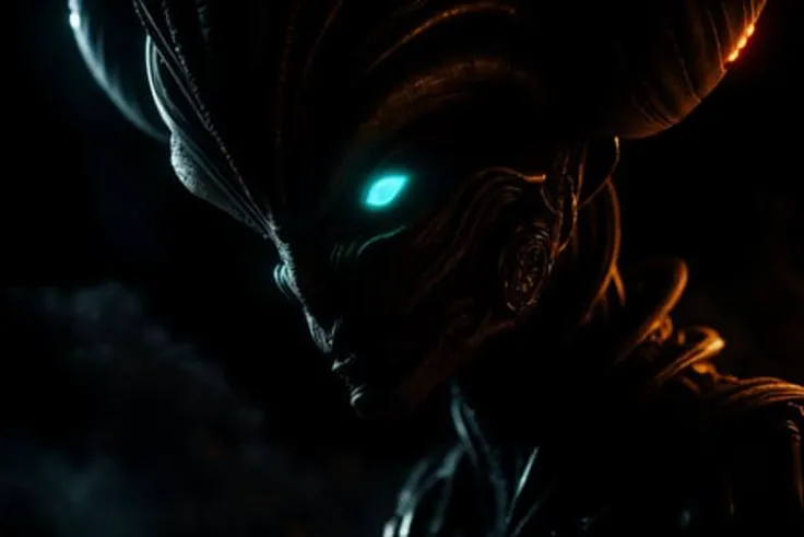 dreamlikeart alien character, cinematic lighting, intricate details, octane rendering, dramatic smoke dark background, ring light, alex ross style art, trending on artstation featured on behance, unreal engine, 8k, 4k, (highres:1.1), best quality;
