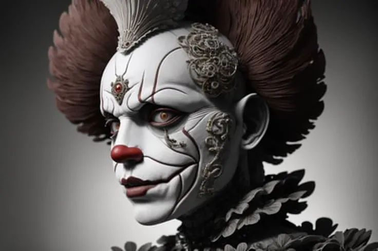 dreamlikeart Pennywise the clown as a complex , fascinating biomechanical cyborg with a delicate fragile porcelain profile face, analog, 150 mm lens, beautiful natural soft rim light, big leaves and stems, roots, fine foliage lace, silver dechroic details, massai warrior, Alexander Mcqueen high fashion haute couture, pearl earring, art nouveau fashion embroidered, steampunk, intricate details, mesh wire, mandelbrot fractal, anatomical, facial muscles, cable wires, microchip, elegant, hyper realistic, ultra detailed, octane render, H.R. Giger style, volumetric lighting, 8k post-production, 8k, 4k, (highres:1.1), best quality;