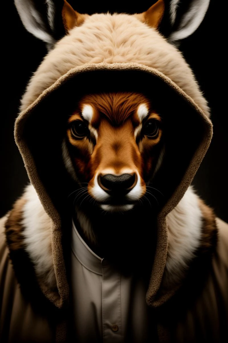 dreamlikeart RAW photo, animal, a portrait photo of [man:deer:2] humanoid in clothes, face, 8k uhd, dslr, soft lighting, high quality, film grain, Fujifilm XT3