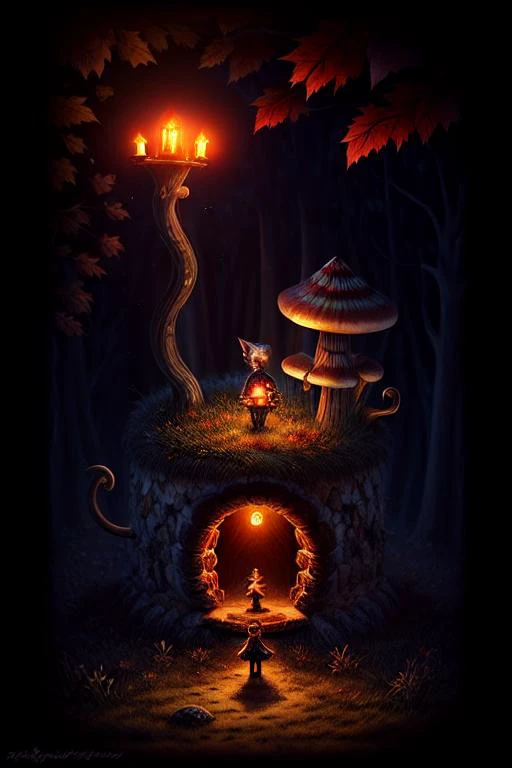amazing Fantasy painting of a of a fairy in a [mushroom:forest:30], cat, Autumn colors, Dawn lighting, Color temperature lighting,  <lora:Fantasy_4:1>