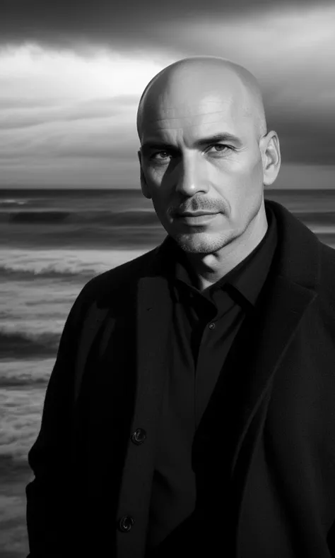 dreamlikeart b&w photo of 42 y.o man in black clothes, bald, face, half body, body, high detailed skin, skin pores, coastline, overcast weather, wind, waves, 8k uhd, dslr, soft lighting, high quality, film grain, Fujifilm XT3