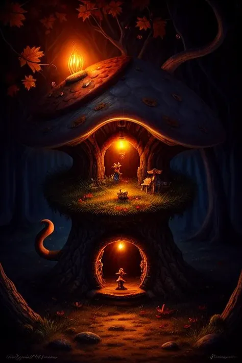 amazing Fantasy painting of a of a fairy in a [mushroom:forest:30], cat, Autumn colors, Dawn lighting, Color temperature lighting,  <lora:Fantasy_4:0.8>