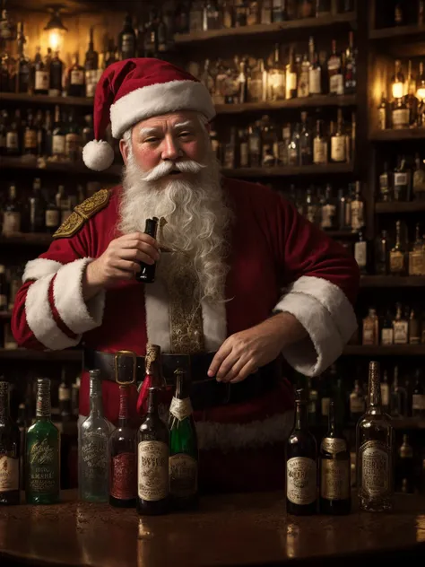 dreamlikeart drunk, creepy santa, muddy, crowded bottles bar, intricate details, hdr, intricate details, hyperdetailed, cinematic, dark shot, muted colors, film grainy, soothing tones, muted colors, technicolor