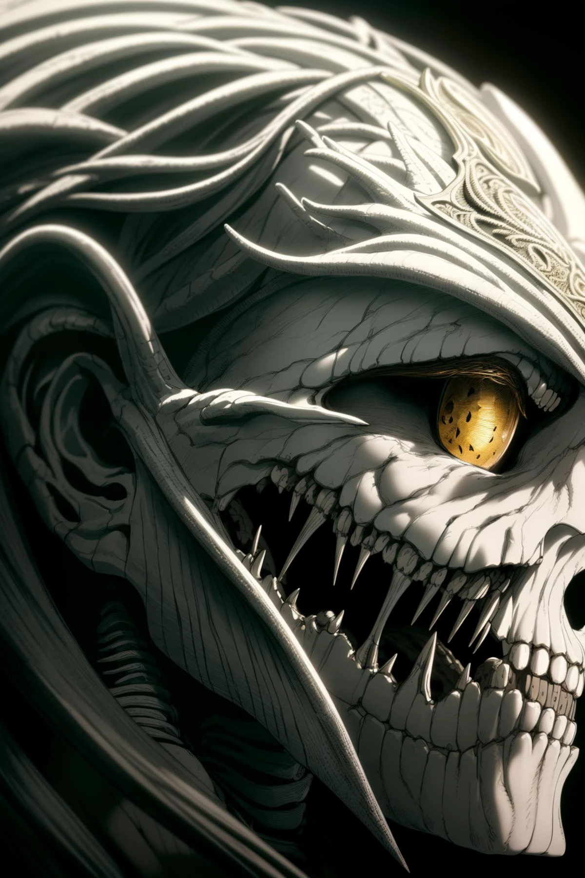 (realistic:1.3), (intricate details:1.15),painting \(artwork\), ((masterpiece,best quality)), ((cinematic light)), skeleton,hybrid, scary, dark fantasy \(style\), detailed armor,beatiful detailed eyes,