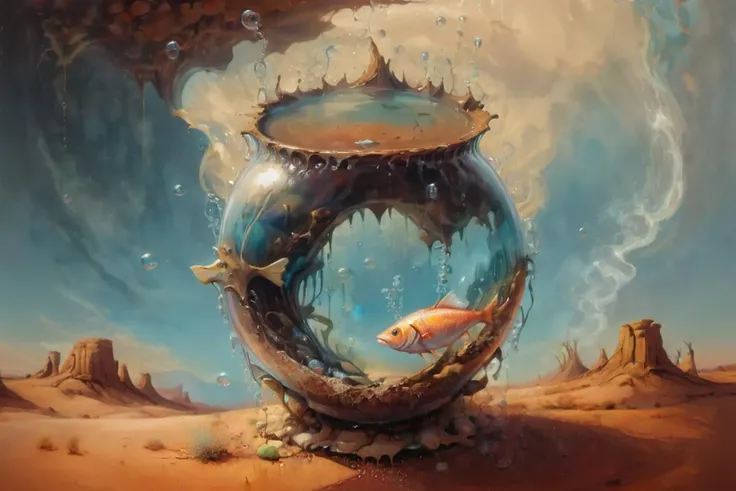 Surreal Painting of a anthropomorphic fish inside a bowl, dystopian desert landscape, Sy3, simple background, darksurrealism, darksurrealismai <lora:Sy3:1.2> <lora:darksurrealismai_V10:0.4>