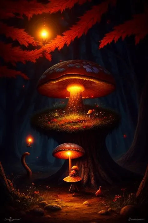 amazing Fantasy painting of a of a fairy in a [mushroom:forest:30], cat, Autumn colors, Dawn lighting, Color temperature lighting,  <lora:Fantasy_4:0.6>