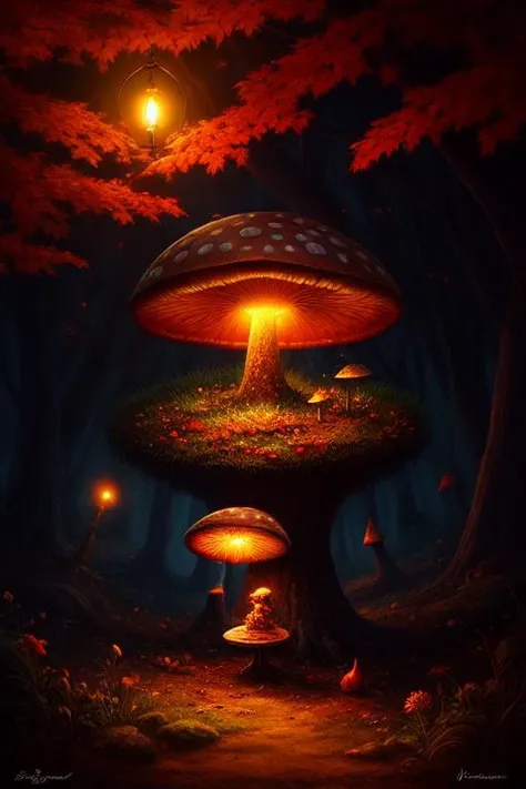 amazing Fantasy painting of a of a fairy in a [mushroom:forest:30], cat, Autumn colors, Dawn lighting, Color temperature lighting,  <lora:Fantasy_4:0.4>