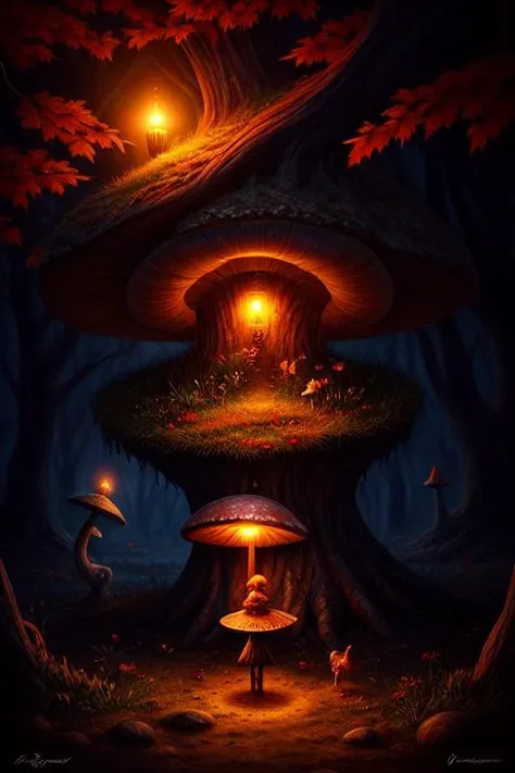 amazing Fantasy painting of a of a fairy in a [mushroom:forest:30], cat, Autumn colors, Dawn lighting, Color temperature lighting,  <lora:Fantasy_4:0.7>