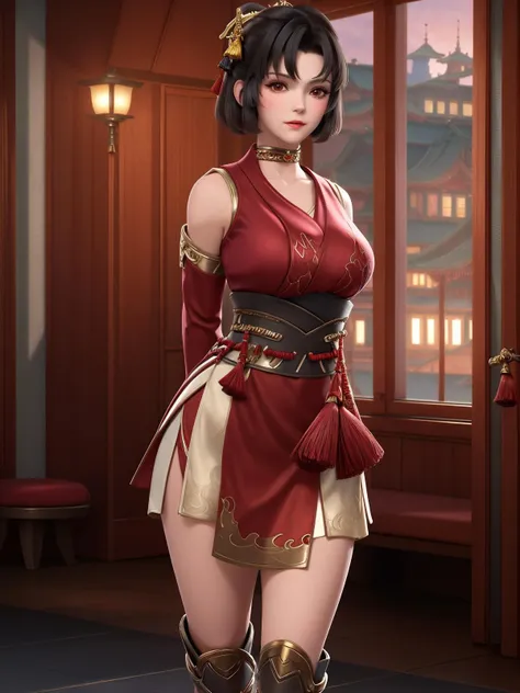 mature female, arms behind back, cityscape,night,facial mark,close-up, indoors,window, 1girl,blush,looking at viewer,standing,hair ornament,short hair, <lora:YUNYING_20230706235137:0.8>,boots, tassel ,obi,
