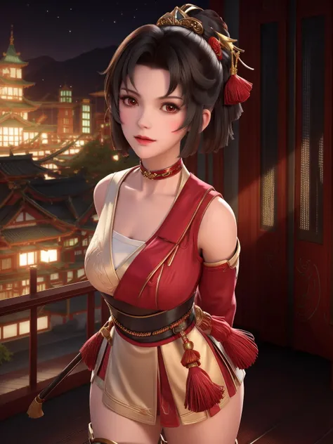 mature female,arms behind back,cityscape,night,facial mark,close-up,indoors,window,1girl,blush,looking at viewer,standing,hair ornament,short hair,boots,tassel,obi,<lora:YUNYING_20230706235137-000012:0.8>,ponytail, choker,