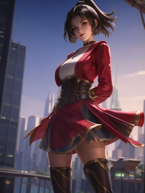 1girl, short hair, standing, cityscape, night, lake,looking at viewer, mature female, arms behind back, ponytail, hair ornament,belt,skirt,boots, <lora:yunying_20230706143836-000020:0.8>,jacket,