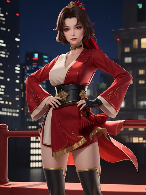 WZRYyunyingYP, 1girl, solo, thigh boots, hair ornament, looking at viewer, red eyes,single glove,sash,red dress,obi,choker,<lora:WZRYyunyingYP:0.75>,cowboy shot, cityscape, night, mature female, hand on hip,