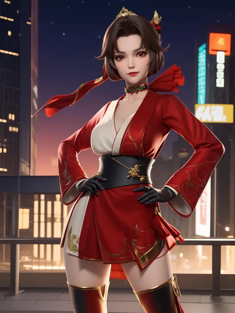 WZRYyunyingYP, 1girl, solo, thigh boots, hair ornament, looking at viewer, red eyes,single glove,sash,red dress,obi,choker,<lora:WZRYyunyingYP:0.75>,cowboy shot, cityscape, night, mature female, hand on hip,