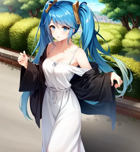 masterpiece, best quality, 1girl, Sona \(league of legends\), blue hair, blue eyes, gradient hair, collarbone, twintails, hair ornament, long hair, city, street, (casual clothes)