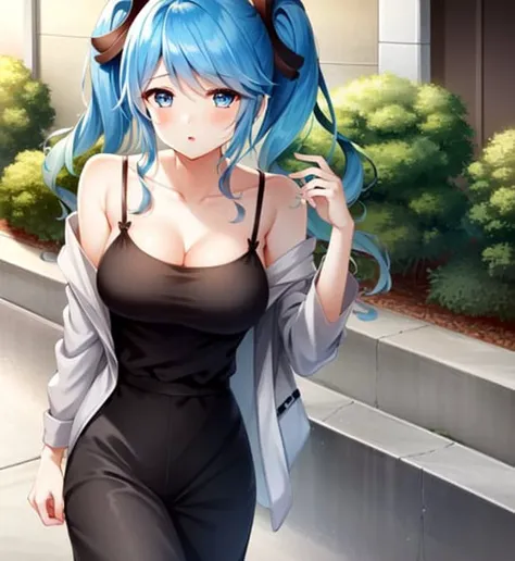 masterpiece, best quality, 1girl, Sona \(league of legends\), blue hair, blue eyes, gradient hair, collarbone, twintails, hair ornament, long hair, city, street, (casual clothes)