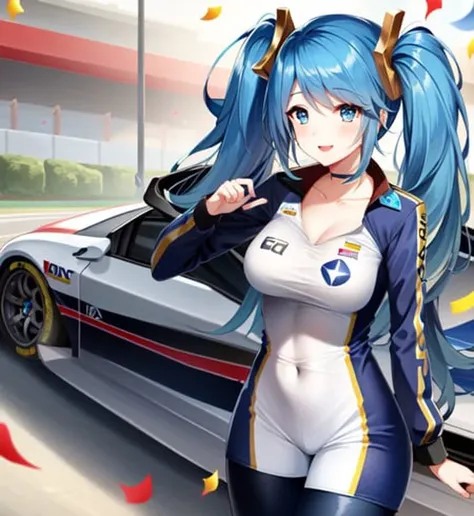 masterpiece, best quality, 1girl, Sona \(league of legends\), blue hair, blue eyes, gradient hair, collarbone, twintails, hair ornament, long hair, (race queen), (bodysuit), car track, smile, flag, confetti