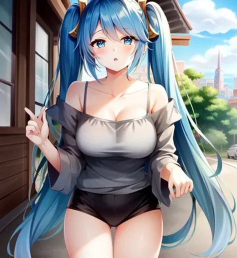 masterpiece, best quality, 1girl, Sona \(league of legends\), blue hair, blue eyes, gradient hair, collarbone, twintails, hair ornament, long hair, city, street, (casual clothes)