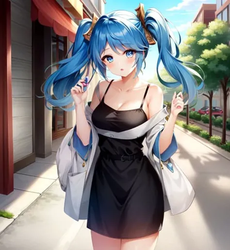 masterpiece, best quality, 1girl, Sona \(league of legends\), blue hair, blue eyes, gradient hair, collarbone, twintails, hair ornament, long hair, city, street, (casual clothes)